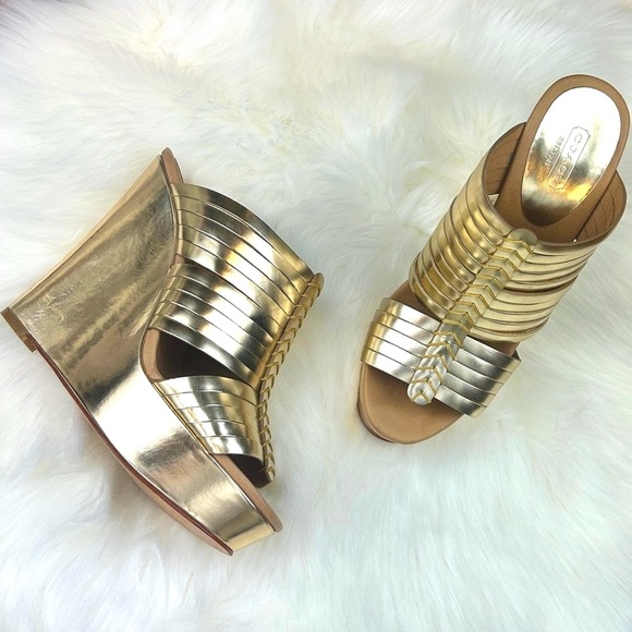 Coach Gold Strappy Slide Platform Wedge Sandals - Picture 1 of 7